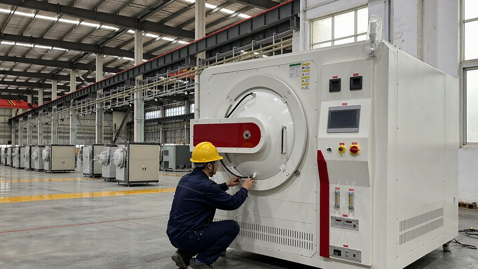 HuanYu engineer assembling a large industrial vacuum furnace in the workshop