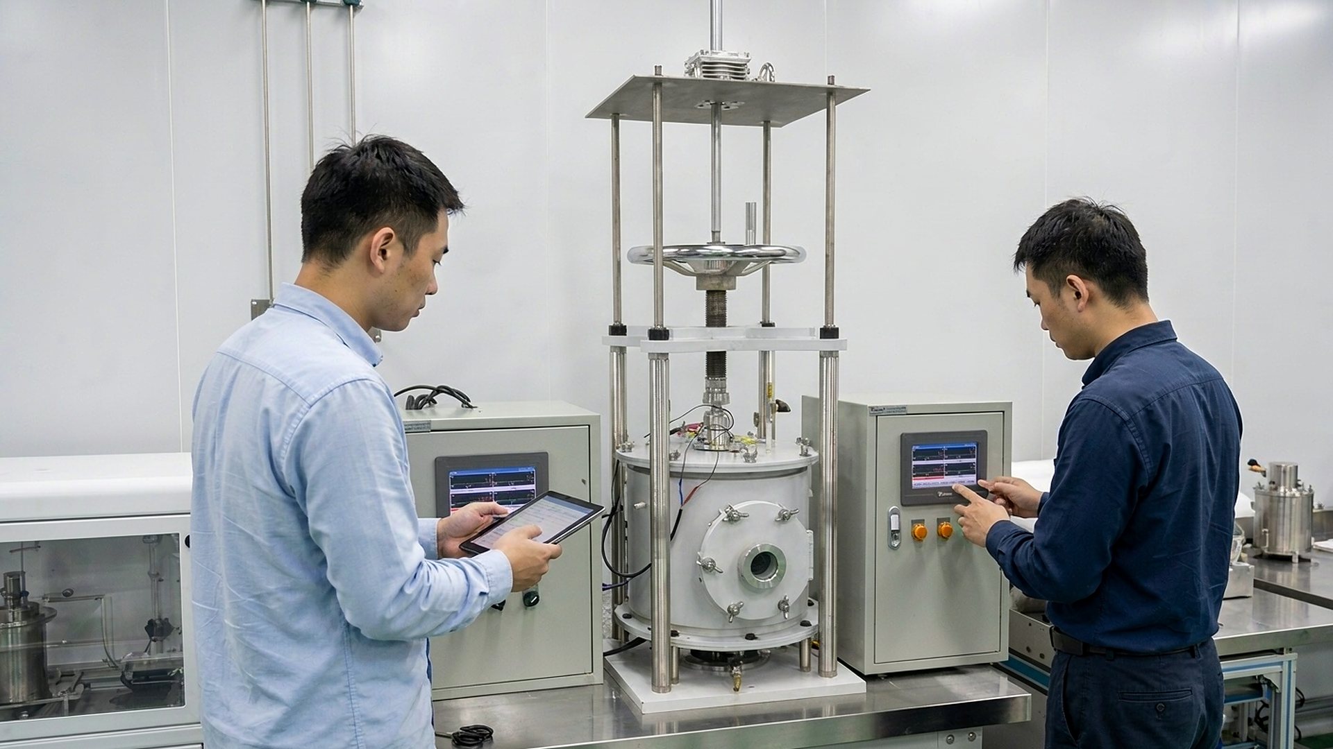 HuanYu engineers testing and monitoring a vacuum furnace control system