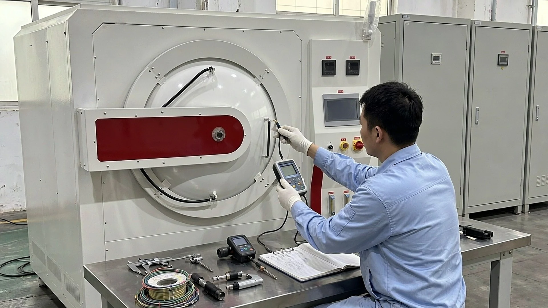 Technician checking a furnace door assembly with a handheld instrument beside the control panel
