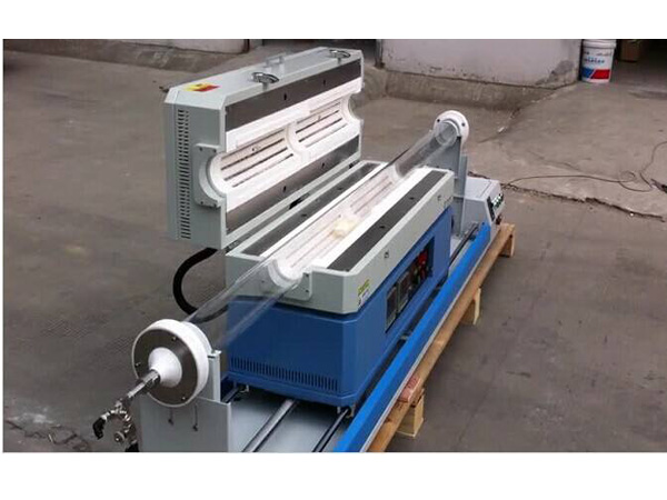 Open split tube furnace with transparent horizontal work tube, end flanges and external supports