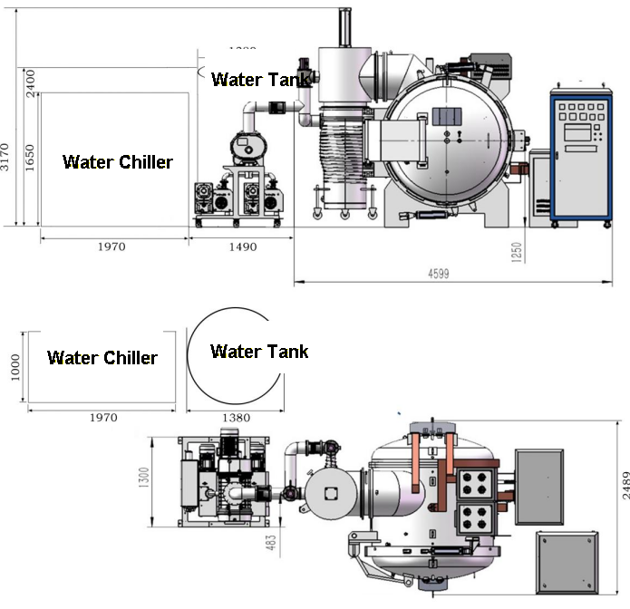 English-labelled VCF-270-21 vacuum furnace layout with water chiller and water tank